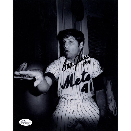 Tom Seaver signed vertical black and white in locker room w 41 insc 8x10 (JSA)