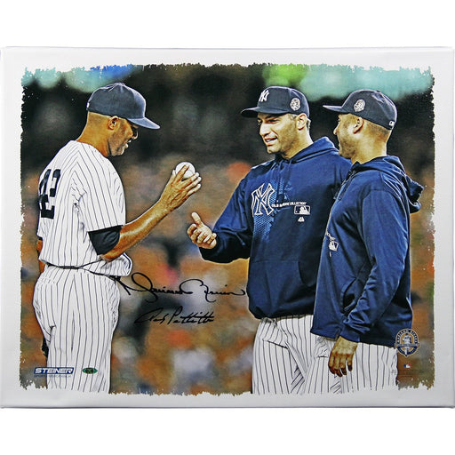 Andy Pettitte & Mariano Rivera Dual Signed Mound Close Up Handing Ball to Pettitte and Jeter 20x24 Canvas