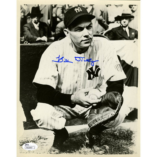 Bill Dickey Catcher Stand Holding Ball and Glove Signed BW 8X10 Photo (JSA)