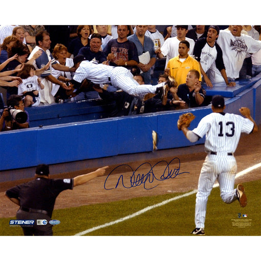 Derek Jeter Dive Into Stands Wide Angle Signed 16x20 Photo (MLB Auth) (Signed in Blue)