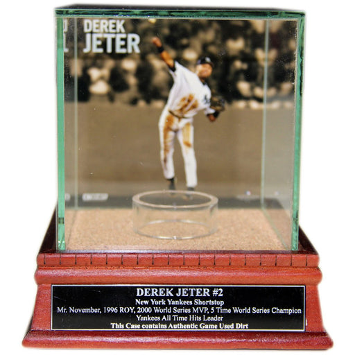 Derek Jeter Jump Throw Background Glass Single Baseball Case w Yankee Stadium Authentic Dirt & Nameplate