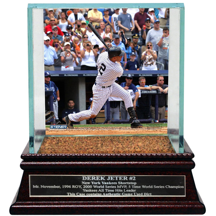 Derek Jeter Moments: DJ3K Background Glass Single Baseball Case w Yankee Stadium Authentic Dirt & Nameplate