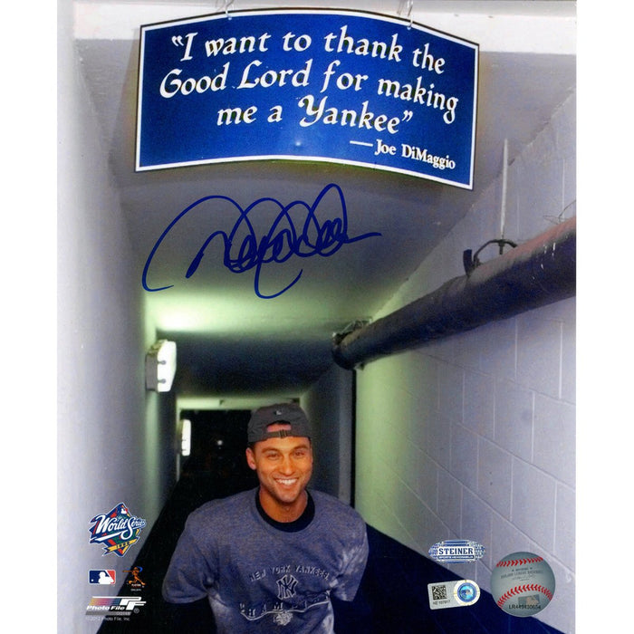 Derek Jeter Signed Standing Under DiMaggio Sign After 1999 WS 8x10 Photo (MLB Auth)