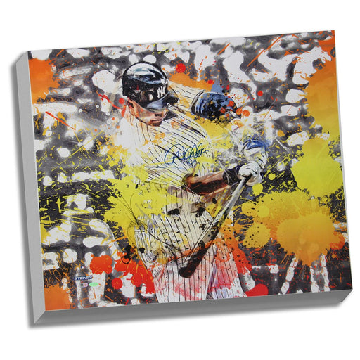 Derek Jeter Signed Swinging with Multi Color Paint Splatter Design 22x26 Canvas (Signed in Blue)