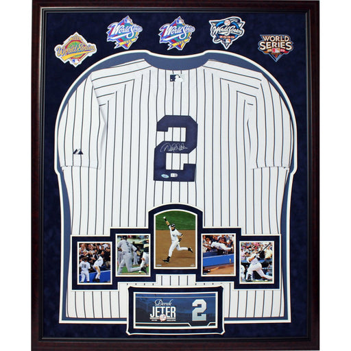 Derek Jeter Signed Yankees Home Jersey Framed w Career Moments Images and 5 WS Patches (32x40 6443)