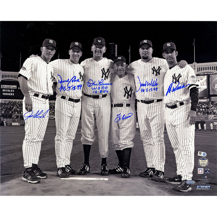 Final Game at Yankee Stadium Perfect Game Battery Mates Signed Metallic BW 16x20 Photo w PG Insc (MLB Auth) (6 Signatures)