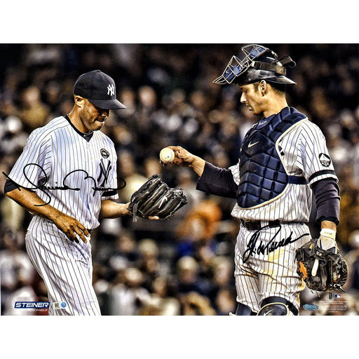 Jorge Posada and Mariano Rivera Dual Signed Jorge Giving Baseball to Mariano 16x20 Metallic Photo (Signed In Black)