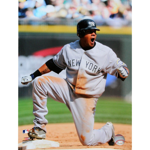 Melky Cabrera Celebrating Hitting for The Cycle After Safely Sliding Into 3rd 11x14 Vertical Photo