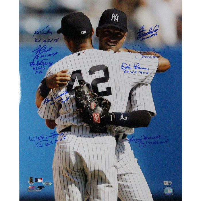 NY Yankee WS MVPs Multi Signed Photo of Jeter and Rivera Hugging Vertical 16x20 Photo w WS MVP Inscriptions (MLB Auth) (Ford Ric