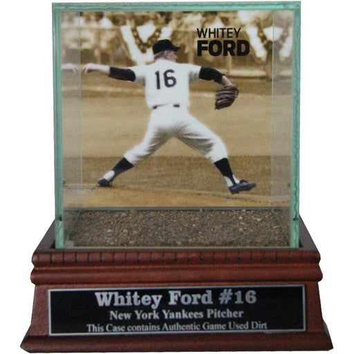 Whitey Ford Background Glass Single Baseball w Yankee Stadium Authentic Dirt & Nameplate