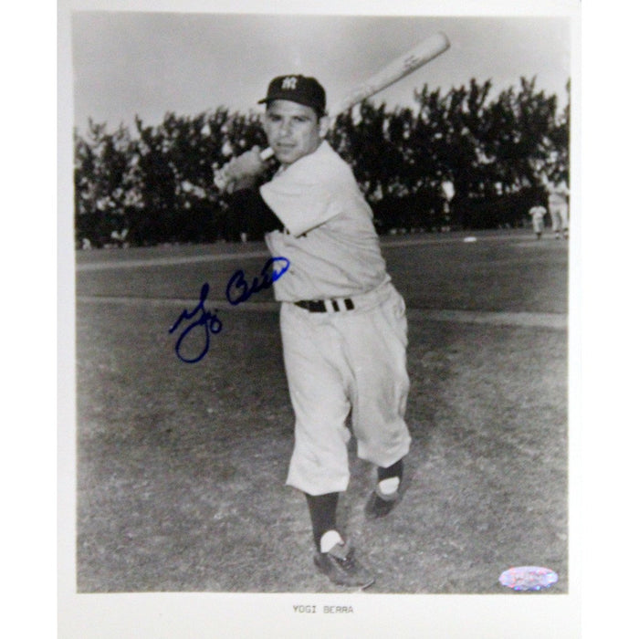 Yogi Berra Signed BW Batting Pose Left Vertical 8x10 Photo