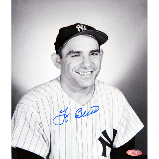 Yogi Berra Signed BW Close Up in Pinstripe Jersey w Black Sleeves 8x10 Photo