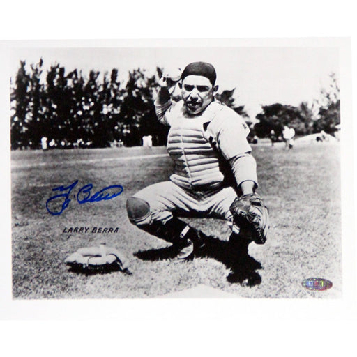 Yogi Berra Signed Catcher Throwing Pose BW 8x10 Photo