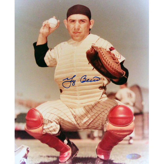 Yogi Berra Signed Color in Catcters Uniform Throwing Ball 8x10 Photo