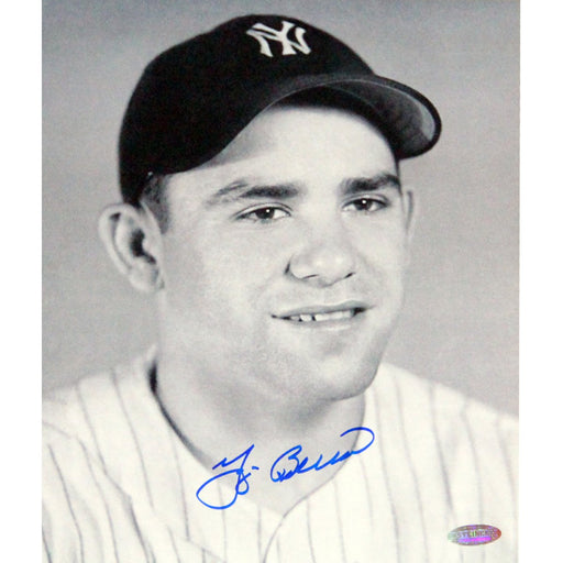 Yogi Berra Signed Face Shot in Yankee Cap BW 8x10 Photo