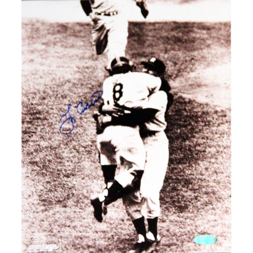 Yogi Berra Signed Hugging Don Larsen Sepia 8x10 Photo