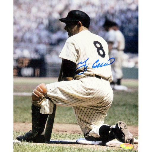 Yogi Berra Signed Kneeling at Home with Bat Color 8x10 Photo