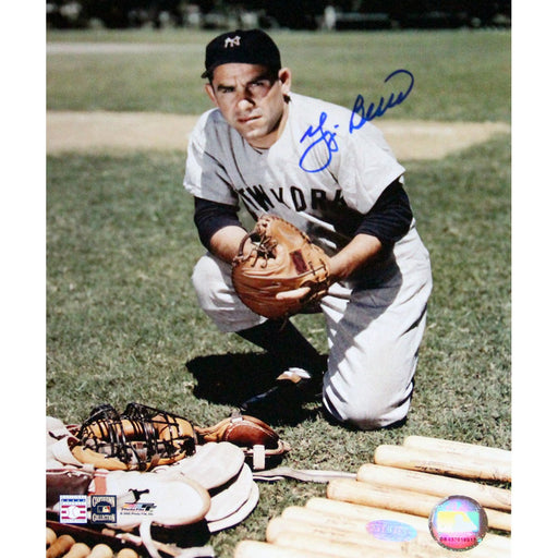 Yogi Berra Signed Kneeling by Equipment Color Vertical 8x10 Photo