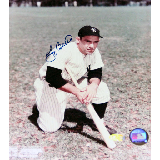 Yogi Berra Signed Pose Kneeling in Grass with Bat 8x10 Photo