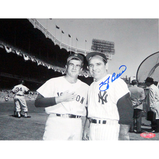 Yogi Berra Signed Posing w Boston Red Sox Player BW 8x10 Photo