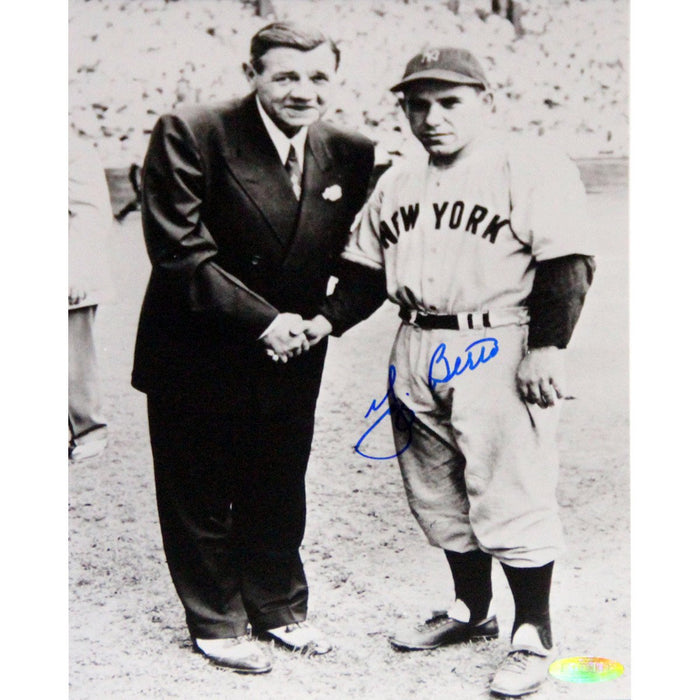 Yogi Berra Signed Shaking Hands with Babe Ruth BW 8x10 Photo