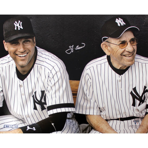 Yogi Berra Signed Sitting in Dugout Laughing W Jeter Horizontal 16x20 Photo