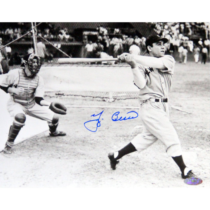 Yogi Berra Signed Swing at Plate BW Horizontal 8x10 Photo