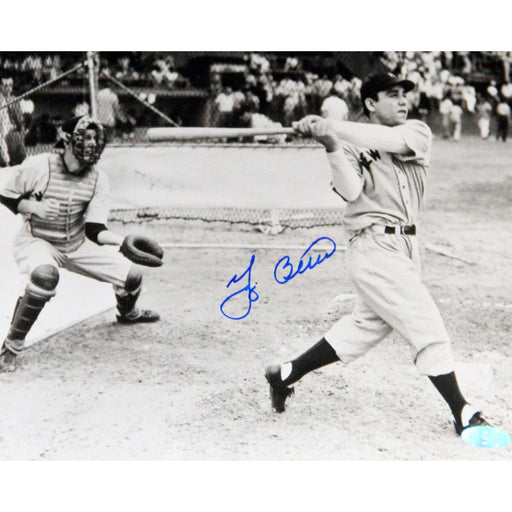 Yogi Berra Signed Swing in Batting Cage BW 8x10 Photo