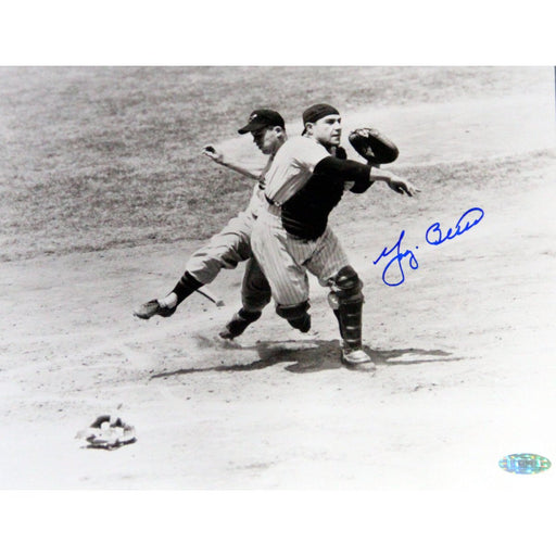 Yogi Berra Signed Throwing to First Base BW 8x10 Photo