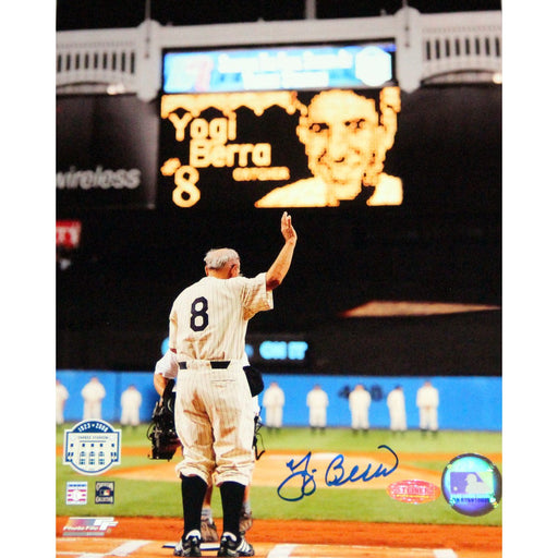 Yogi Berra Signed Waving to Crowd from Home Plate 8x10 Photo