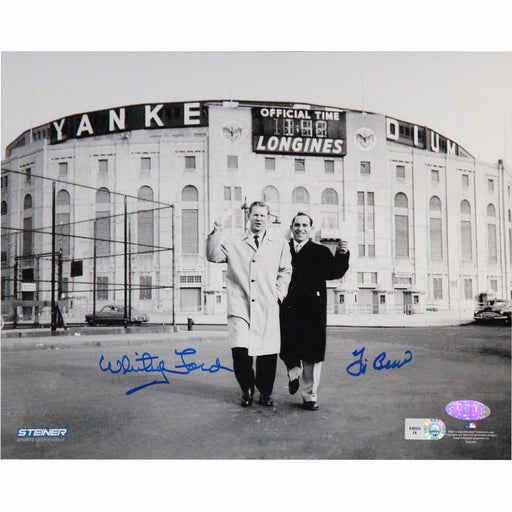 Yogi BerraWhitey Ford Dual Signed BW Standing Outside Original Yankee Stadium 8x10 Photo (MLB Auth)