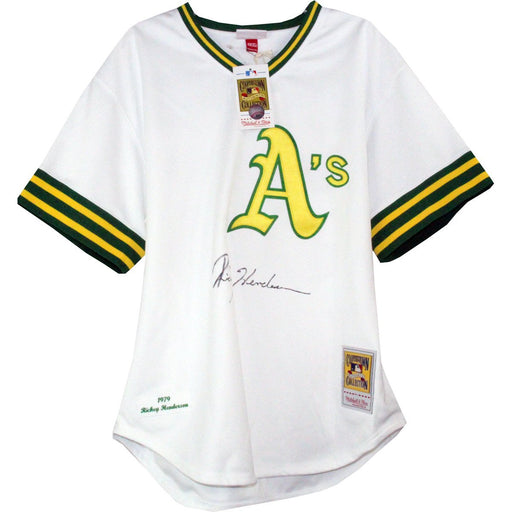 Rickey Henderson Signed White Throwback A?€™s Jersey (Signed on Front )