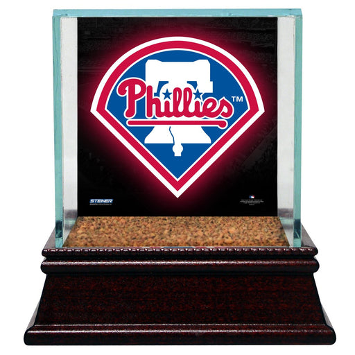 Philadelphia Phillies Glass Single Baseball Case with Team Logo Background and Authentic Field Dirt Base (MLB Auth)