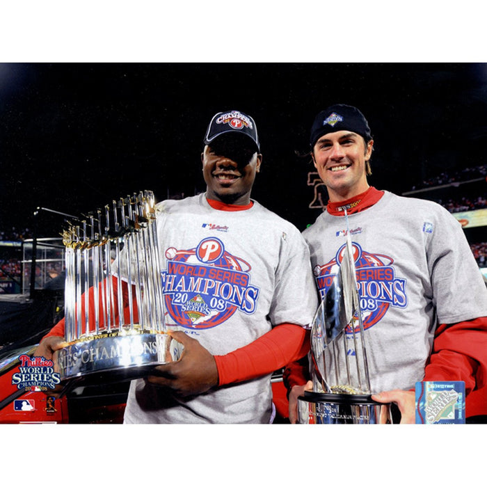 Ryan Howard and Cole Hamels w 2008 WS and MVP Trophies 8x10 Photo