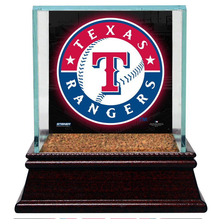 Texas Rangers Glass Single Baseball Case with Team Logo Background and Authentic Field Dirt Base (MLB Auth)