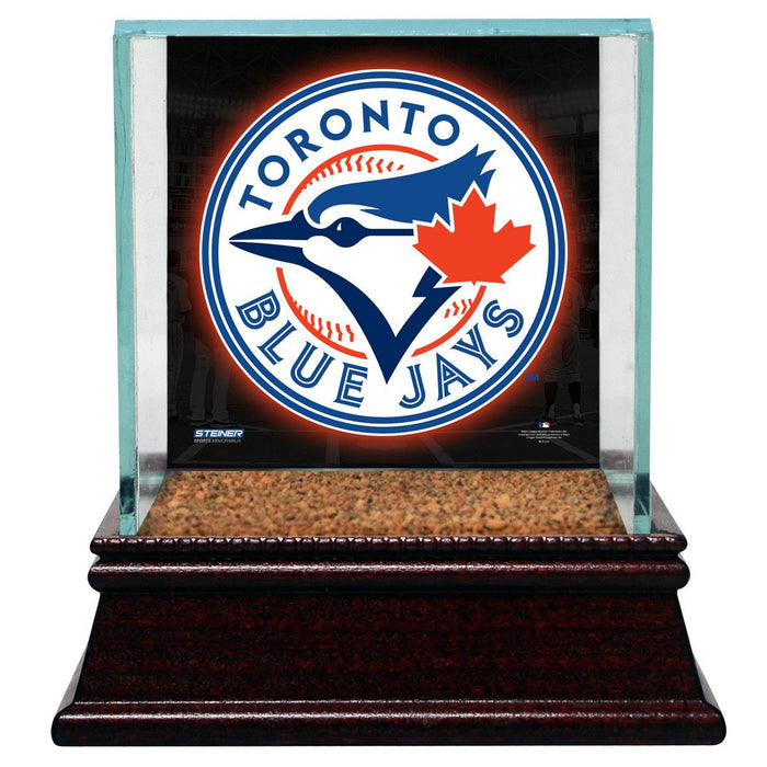 Toronto Blue Jays Glass Single Baseball Case with Team Logo Background and Authentic Field Dirt Base (MLB Auth)