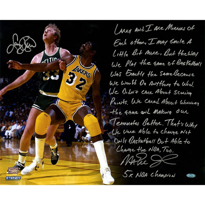 Larry BirdMagic Johnson Dual Signed NBA Finals Magic Johnson Against Larry Bird 16x20 Story Photo