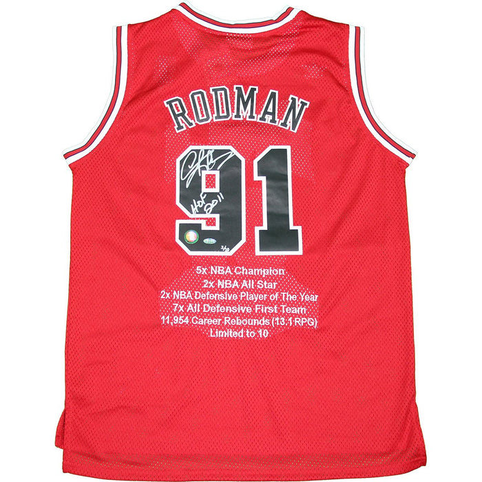 Dennis Rodman Signed Bulls Red Jersey w HOF 2011Insc. And Embroidered Stats (LE10)