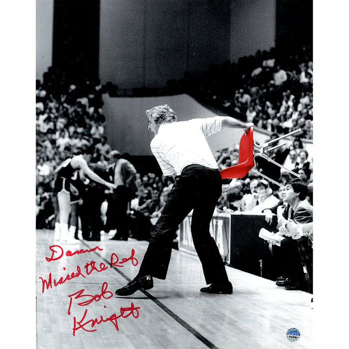 Bob Knight Signed Throwing Chair B&W w Red Chair 8x10 Photo w Damn Missed The Ref Insc.