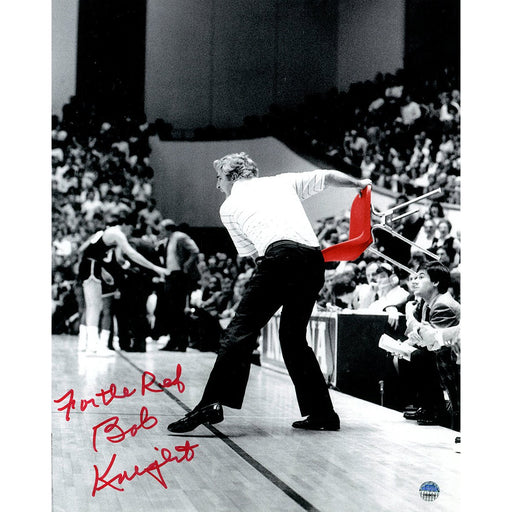 Bob Knight Signed Throwing Chair B&W w Red Chair 8x10 Photo w For The Ref Insc.