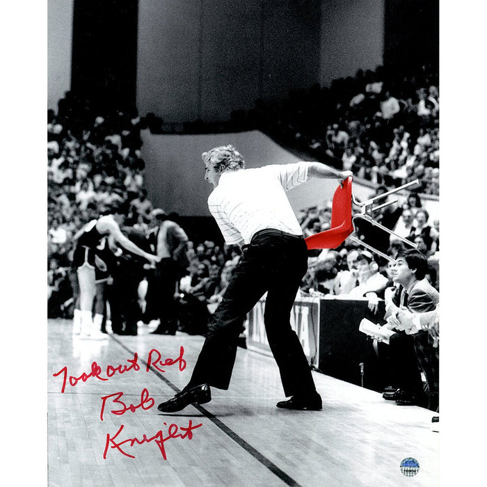 Bob Knight Signed Throwing Chair B&W w Red Chair 8x10 Photo w Look Out Ref Insc.