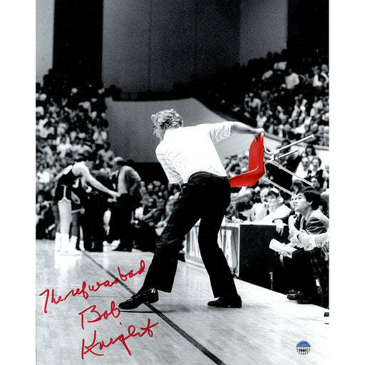 Bob Knight Signed Throwing Chair B&W w Red Chair 8x10 Photo w The Ref Was Bad Insc.