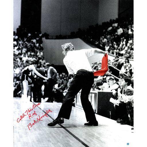 Bob Knight Signed Throwing Chair Vertical BW w Color Accents 20x24 Photo w Catch this one Ref Insc. (Signed in Red)