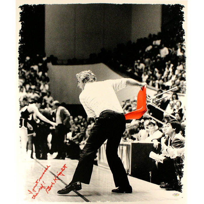 Bob Knight Signed Throwing Red Chair 20x24 Canvas w I Just Missed the RefInsc. Signed in Red