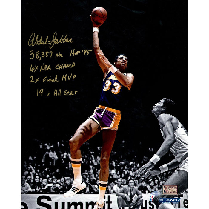 Kareem Abdul Jabbar Signed 16x20 Photo on Metallic Paper w Career Stats Insc. (LE of 33)