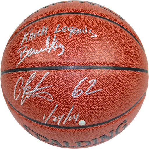 Bernard King Carmelo Anthony Dual Signed IO NBA Brown Basketball w 62 12414 Insc By Anthony and Knicks Legends Insc By King