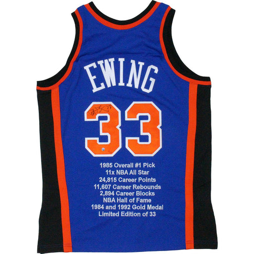 Patrick Ewing Signed Mitchell and Ness Blue Knicks Jersey w Embroidered Stats (LE33)