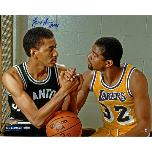 George Gervin Hand Shake with Magic Johnson Signed 16x20 Photo w HOF 96Insc.