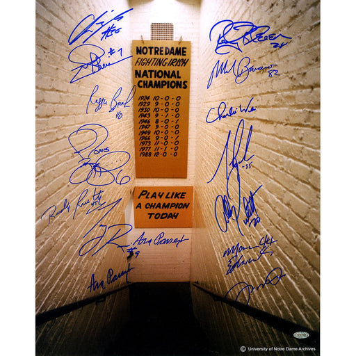 Notre Dame Greats 15 Signature Notre Dame Locker Room Tunnel w Play Like a Champion Sign Vertical 16x20 Photo