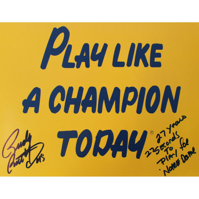 Rudy Ruettiger Signed Play Like a Champion Today 8x10 Photo w 27 Years 27 Seconds To Play For Notre Dame insc